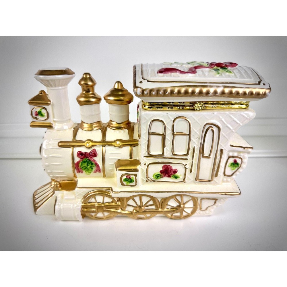 Large Ceramic Train Trinket Box – Gold & Floral Accents – 9"